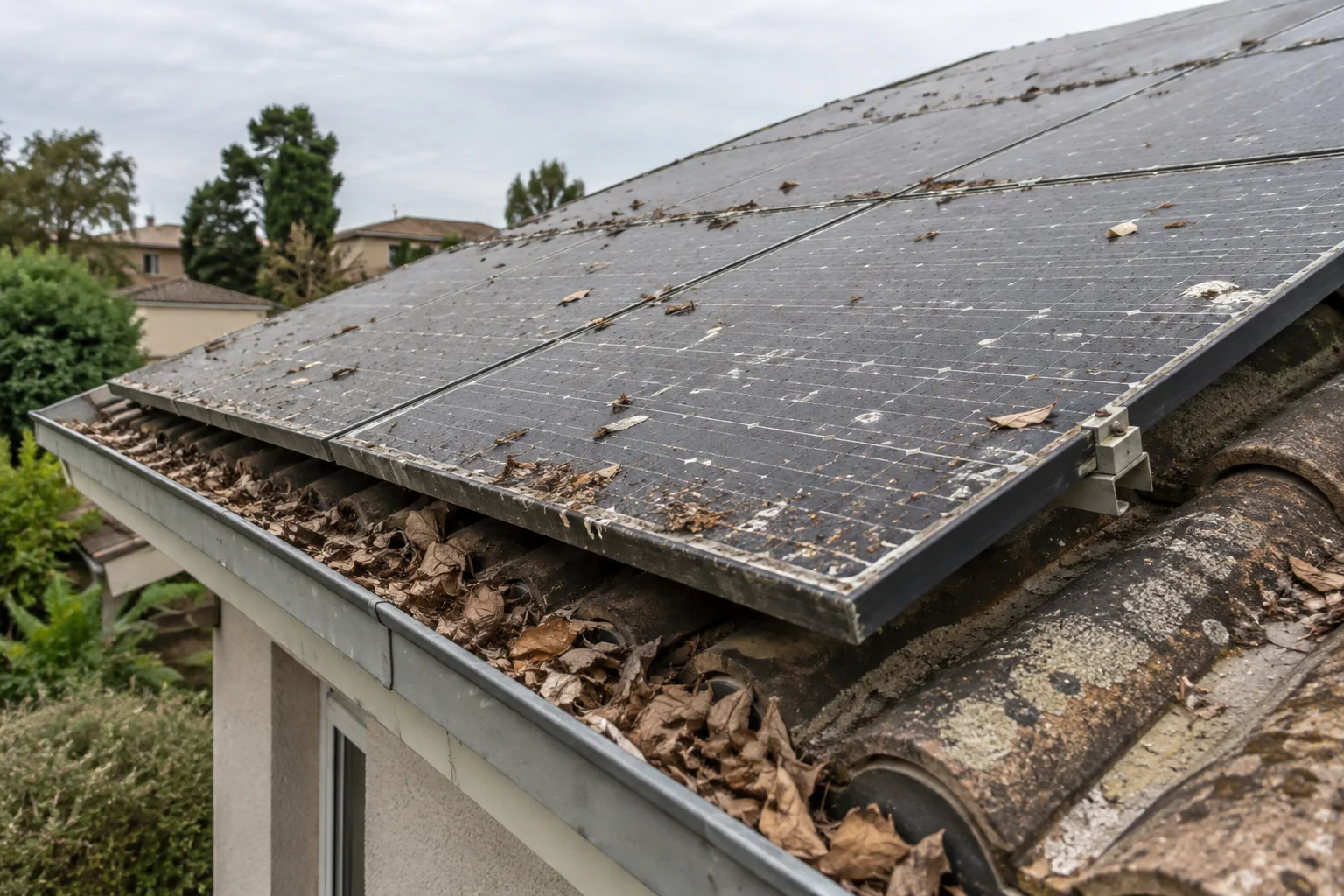 Paneles solares con suciedad acumulada y hojas en el canalón