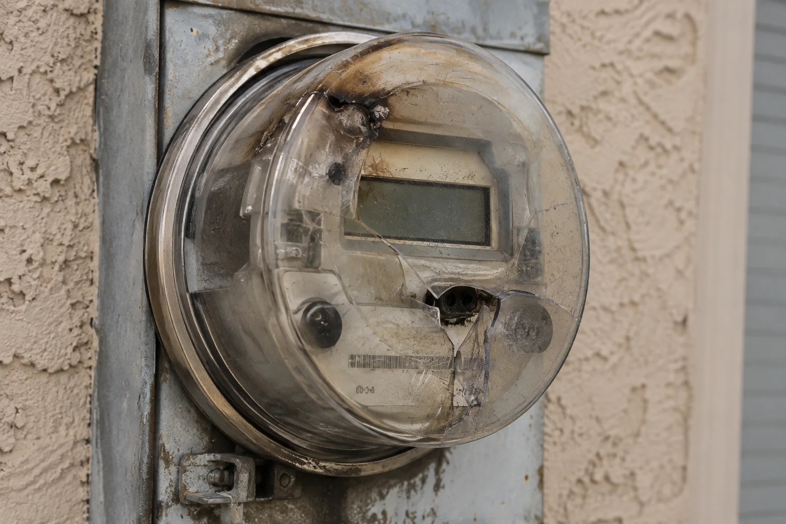 Medidor eléctrico con cubierta rota y pantalla apagada