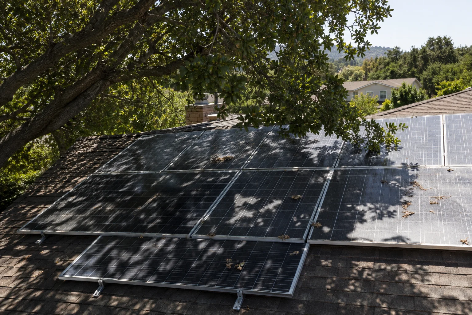 Paneles solares cubiertos parcialmente por la sombra de un árbol