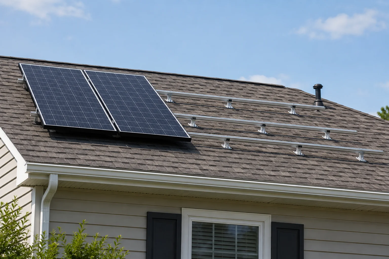 Instalación solar incompleta con rieles vacíos junto a dos paneles