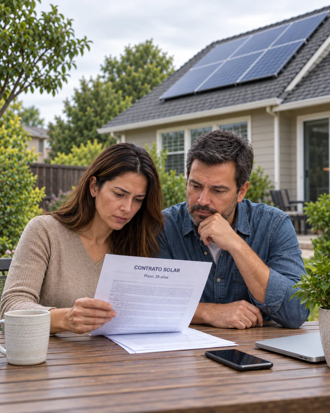 Propietarios revisando documentos junto a una casa con paneles solares