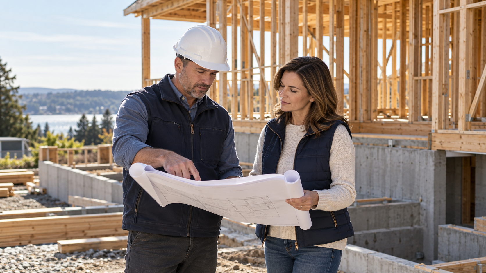 Propietario y profesional de construcción revisan los planos de una obra
