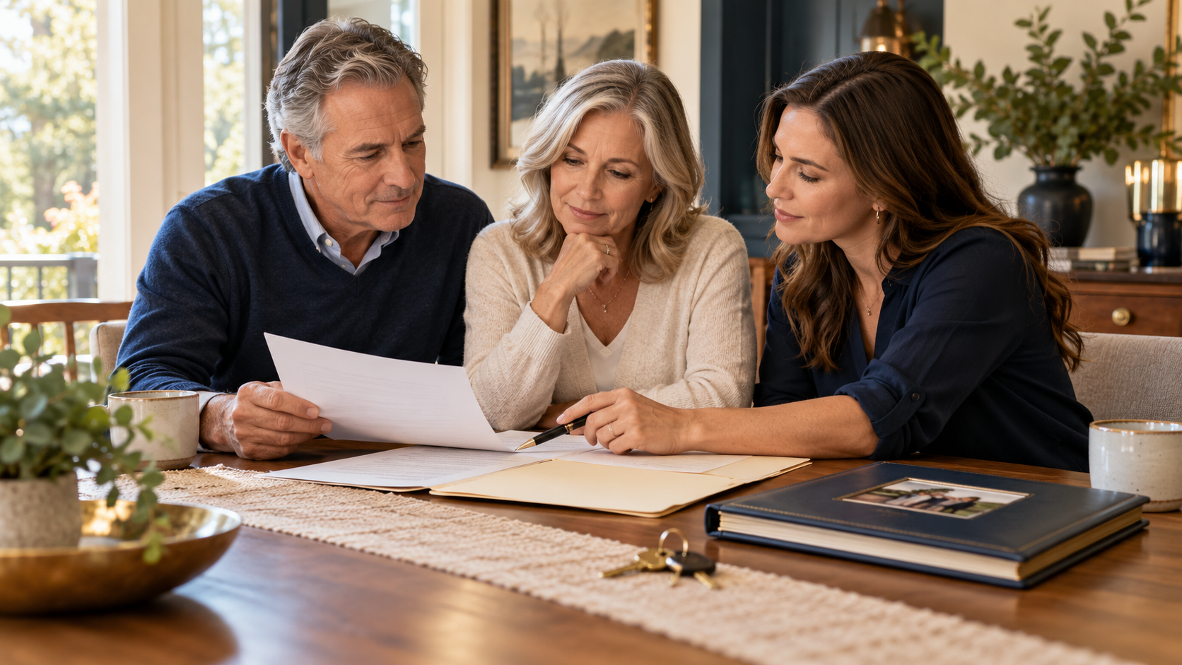 Familia organiza documentos de planificación patrimonial